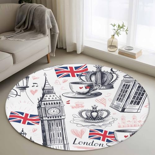Washable Round Area Rug 3ft UK Flags London Crown Non-Slip Soft Living Room Rug, Abstract Coffee Red Love Non-Shedding Bedroom Carpet for Home Dining Room