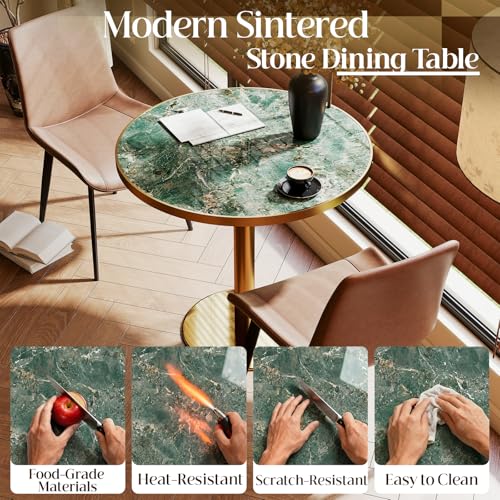 Image of 31.5 inchTulip Table, Sintered Stone Small Round Dining Tables&Metal Edge&Base | Small Modern Circle Dining Table for 2-4 Person ,Bistro Tables for Dining Room /Kitchen /Restaurants /Small Spaces /Verde Alpi