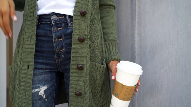 Gilet Long Femme Cardigan Hiver - Tricot épais Maille Grossière, Avec Poches, Ouvert, Décontracté - Kaki Ou Marron - 13