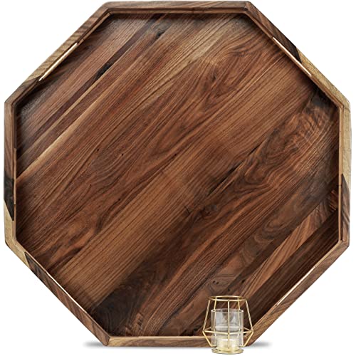 MAGIGO 66 cm extra großes, achteckiges schwarzes Walnussholz-Tablett mit Griffen, Serviertablett für Tee, Kaffee, klassisches dekoratives Serviertablett aus Holz Cover