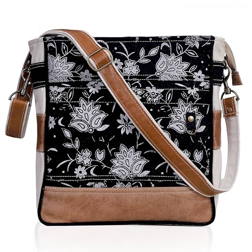 Image of CLA Bags SEL de MER Upcycled Olive Green Blossom Print Canvas & Leather Shoulder Bag, Canvas Crossbody Bags for Women