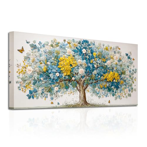 Tableau Arbre de Vie Colorée SERIMINO - Décoration Murale sur Toile Naturelle Grand Format 59x119 cm