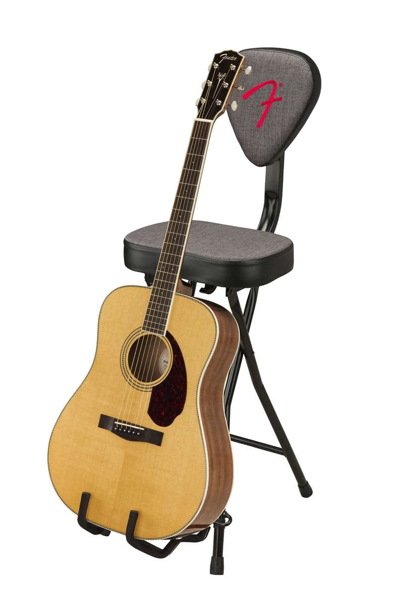 Fender 351 Sitz- und Gitarrenständer-Kombination, Zusammenklappbares Design, Abnehmbare Rückenlehne, Grauer Tweed-Stoff, rutschfeste Füße