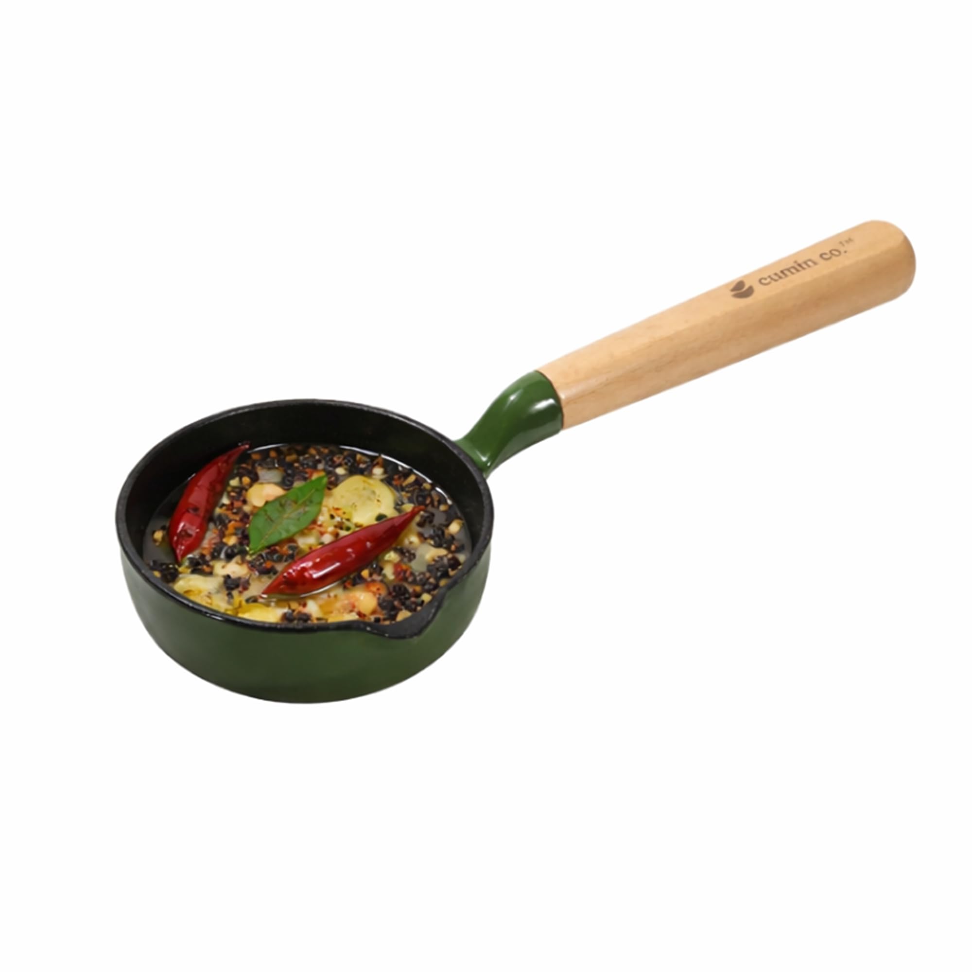 CUMIN CO. Cast Iron Tadka Pan|10cm, 0.8kg|Enamel-Coated, Naturally Non-Stick & Non-Toxic|Rust-Free Tempering Pan for Tadka/Chhonk/Spice Seasoning|Long Beechwood Handle|Gas & Induction Safe|Green-picture-31