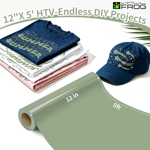 Image of VINYL FROG Sage Green Heat Transfer Vinyl Roll 12 inch x5ft Matte HTV Vinyl | Khaki Green Iron on Vinyl for T-Shirts, Stretchy & Machine Washable Heat Press Vinyl for DIY Craft Designs
