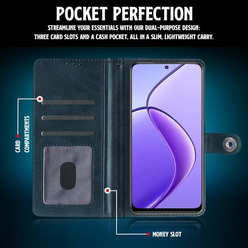 Image of Genuine Leather Inside Back TPU Wallet Button | Magnetic Stand Dual Layer Flip Cover Compatible for Realme RMX5108 / Realme P4x - Navy Blue