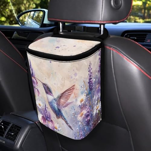 Image of Talayituse Hummingbird Daisy Lavender Print Car Trash Bin, Large Size Auto Trash Can Adjustable Portable Garbage Can with Lid, Vehicle Hanging Bag for Headrest Front Back Seat