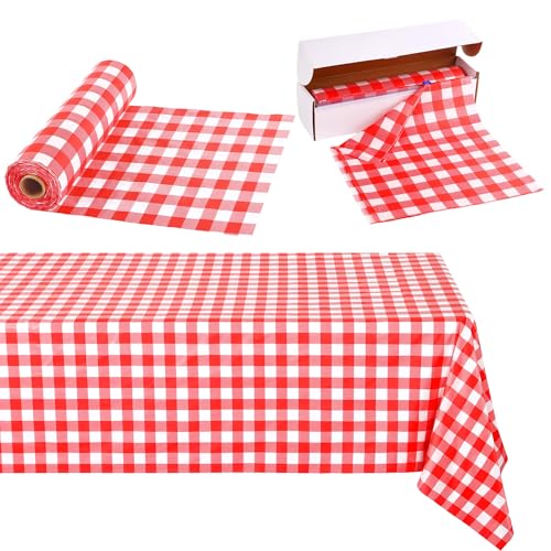 Image of Kochorie 54 Inch x 100 Ft Red Checkered Plastic Table Cloth Roll Disposable Waterproof Table Cover Plastic Table Cover Roll with Easy Slide Cutter for Outdoor Picnic /Home Dining /Summer Party