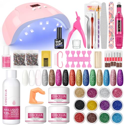 COSCELIA Kit Manicura Semipermanente Con Lampara U-V/Led Uñas, Pulidor Limado Profesional Uñas, Polvo de 3 Colores Para Extensión Con 120ML Monómero, Nail Art Tools All For Manicure