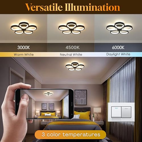 Image of Chandelier Light for Ceiling, 12-Inch 48W LED Flush Mounted Flower Light, Flicker Free, 3000K-6000K 3-Color Changing, Switch Control, Modern Light for Living Room & Bedroom 6 Months Warranty
