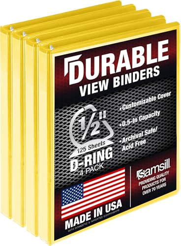 Image of Samsill Durable 0.5 inch 3 Ring Binder, D Ring Binder, 100% Recycled Chipboard, Yellow, 4 Pack