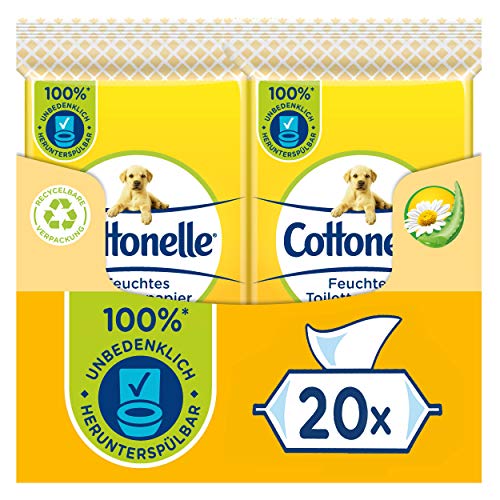 Cottonelle Feuchtes Toilettenpapier für unterwegs, Natürlich Pflegend - Kamille & Aloe Vera, Schnell auflösend, 20 x 12 Tücher Vorteilspack, Biologisch abbaubar Cover