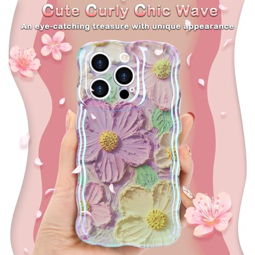 Micoden for iPhone 14 Pro Case Oil Retro Floral Print Curly Wave Silicone Case Aesthetic Fashion Flower Girls Women Phone Case with Strap for iPhone 14 Pro Purple - Image 3