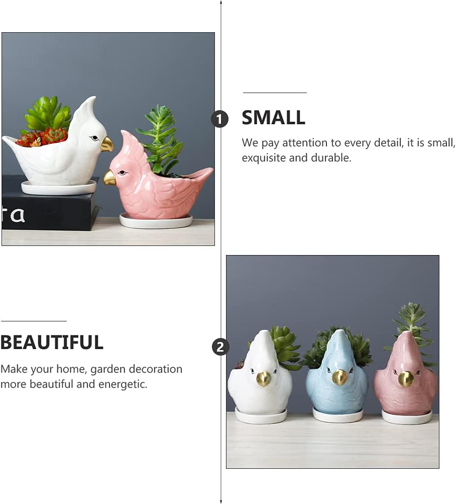 Homoyoyo Parrot Planter Pot Ceramic Flower Pot for Bonsai Mini Parrot Shape Succulent Planter with Saucer for Suculent Cactus Flower Pot Holder Bird Figurine for Desk Decoration White