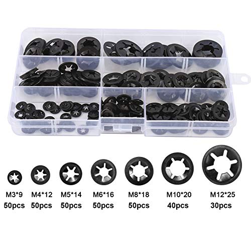 Hantof 7 Sizes 320Pcs Internal Tooth Starlock Washers,Quick Speed Locking Washers, Push On Retainers Clips,Push On Nut Fasteners Assortment Kit For Shaft And Stud,65Mn Spring Steel,Black Oxide Finish #TOP2