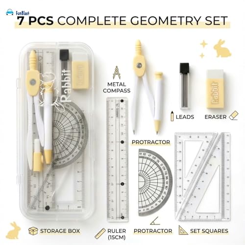 Image of FunBlast Rabbit Theme Compass Set - 7 Pcs Transparent Geometry Box with Protector, Set Squares, Ruler, Compasses, Ruler Set, Math Geometry Kit for Student & Professional (Yellow)