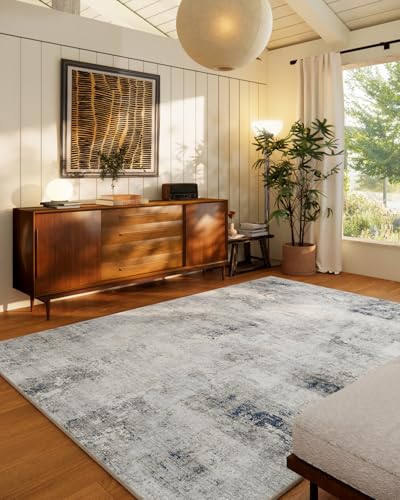 Washable Living Room Area Rugs: 9'x12' Large Area Rug Stain Resistant Distressed Abstract Rug Non Slip Low Pile Faux Wool Soft Area Rug for Bedroom Bedside Indoor Farmhouse Kids Playroom Dining Room