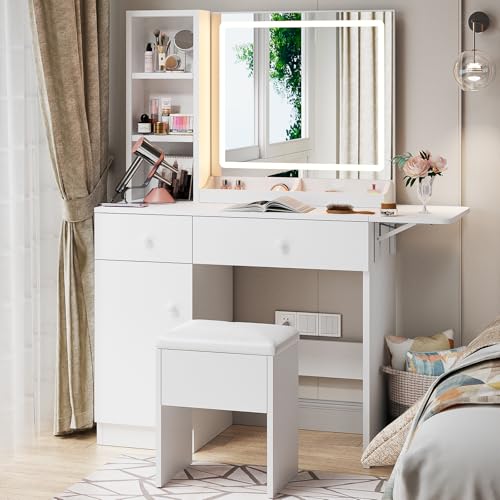 Image of Haewon White Vanity Desk with Mirror and Lights, Makeup Vanity with Charging Station and 3 Lighting Modes, Dressing Table Set with Storage Cabinet, Drawers and Chair for Girls Bedroom
