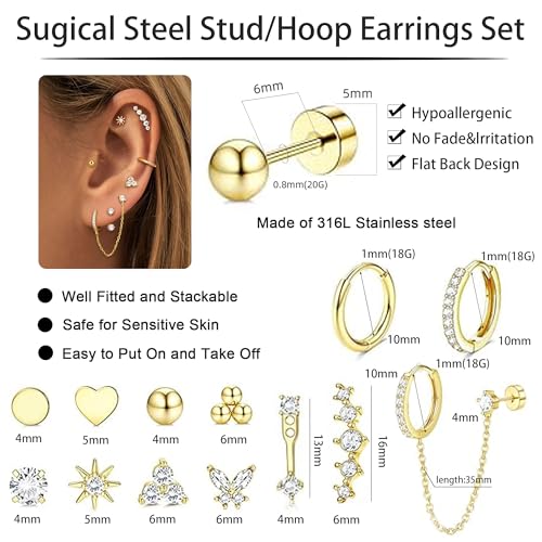 Hypoallergenic Flat Back Earrings for Women Gold Trendy Stacks Surgical Steel Stud Hoop Earrings Set For Multiple Piercing Tiny Stainless Steel Cartilage Screw Back Earrings Jewelry Gifts4