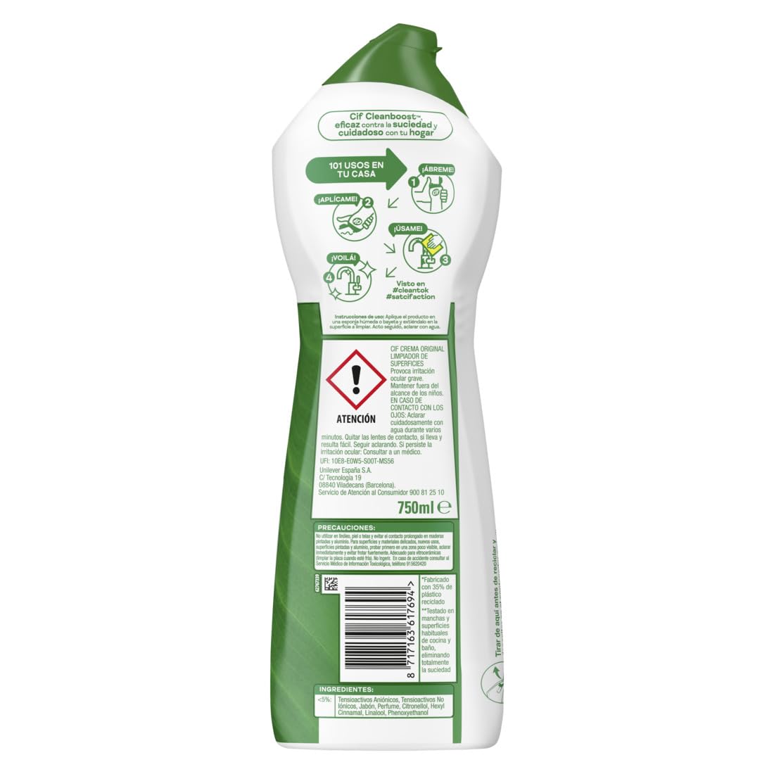 CIF Crema Original Multisuperficies, Potente Limpiador con Fórmula de Micropartículas para el Baño y Cocina, 750 ml