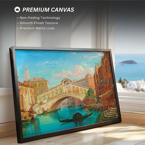 Image of ARTCREST Venice View of the Rialto Bridge Canvas Wall Painting | Large Black Framed Landscape Wall Art for Living Room, Office Walls & Hallway Interiors | Decorative Canvas Wall Decor (16x20 Inches)