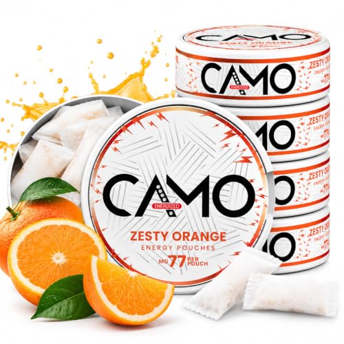 CAMO Zesty Orange Koffein Pouches Nikotin- und Tabakfreie Energie Pouches Süßer Bubblegum Geschmack 77mg Koffein pro Beutel 15g Dose