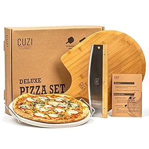 Cuzi Gourmet XL 4-Piece Pizza Stone Set – 15″ Thermal Shock Resistant Cordierite Pizza Baking Stone, 22″ Natural Bamboo Pizza Peel & Pizza Cutter Rocker – Large Pizza Stone for Grill and Oven