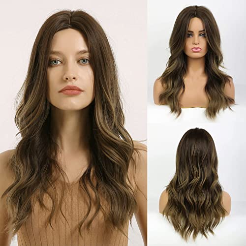 TopWigy Dark Brown Wigs, 22 Inches Long Wavy Ombre Brown Wig for Women and Girls Middle Part Heat Resistant Synthetic Brunette Wigs for Daily Party Cosplay Wear