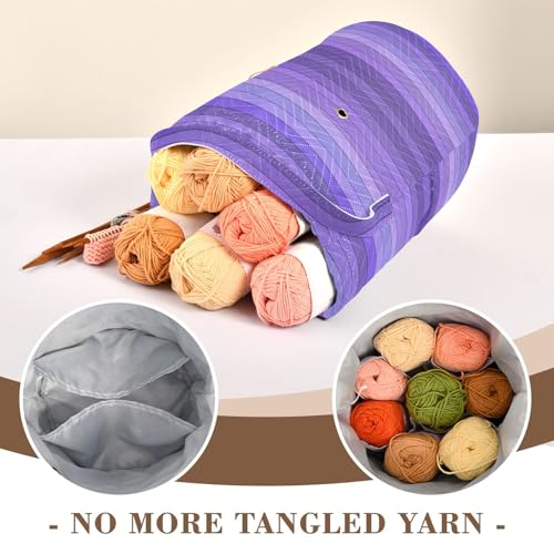 Image of Tatenale Crochet Bag Yarn Bag Knitting Project Bag with Pockets and Handle Portable Yarn Storage Organizer Tangle Free 8.3x11 InchPurple Stripes12