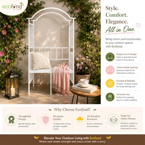 Image of ecofynd 6.8 Feet High 3.8 Feet Wide Garden Arch with 2-Seater Bench, Metal Arbor Trellis for Climbing Plant with Outdoor Garden Chair, Backdrop Stand for Wedding Lawn Backyard Party Decor (GC004-WHT)