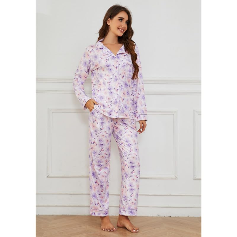 Image of LYCY Womens Pajama Sets Floral Print, Long Sleeve Button Down Pajamas Set for Women Soft Sleepwear Pjs 2 piece Loungewear