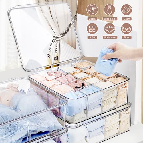 DILIBRA-Socks-Underwear-Drawer-Organizer-for-Closet-16-Compartment-Removable-Divided-Plastic-Clear-Sock-Storage-Box-with-Lid-Underwear-Storage-Tie-Organizer-Box-for-Bra-Socks-Ties-Scarf-Tea-Bag