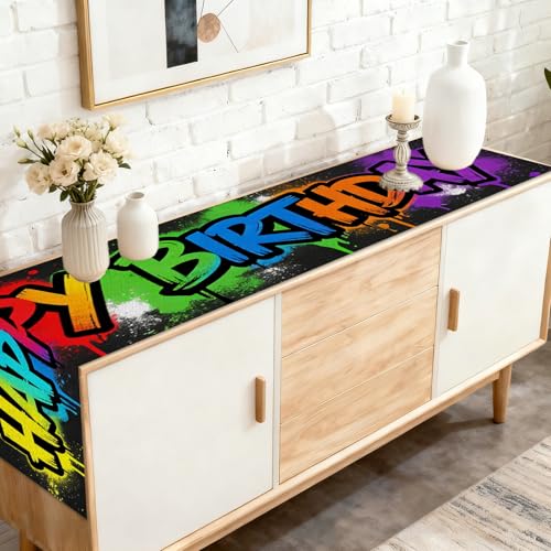 Image of Nuxovilar Graffiti Birthday Table Runner Flax 13x72 in