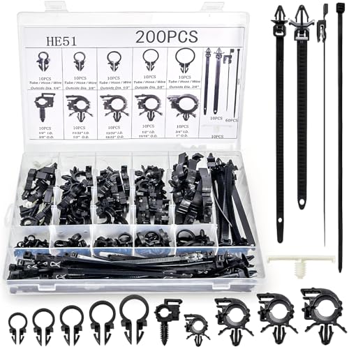 Goaste 200 Pieces Car Wire Loom Routing Clips, Automotive Harness Routing Clips Assortment, 15 Different Sizes Push Mount Cable Tie Kit, Universal Wiring Harness Clip Replacement Parts for Trucks Cars