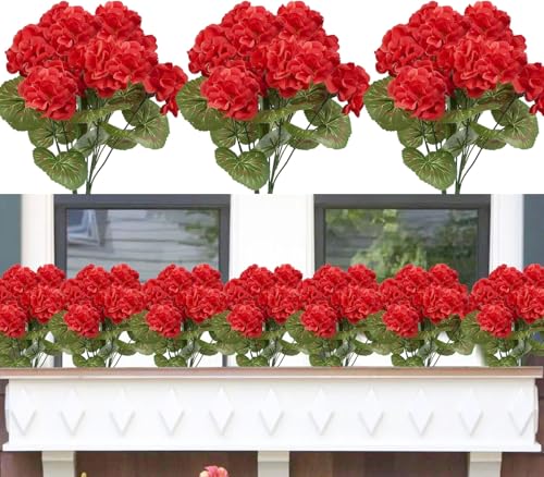 Famibay Fleur Artificielle 8 Bouquets Artificielles Geranium Plante Artificielle Exterieur UV Résistantes Rouge Géranium Plante Exterieur Jardin Balcon...