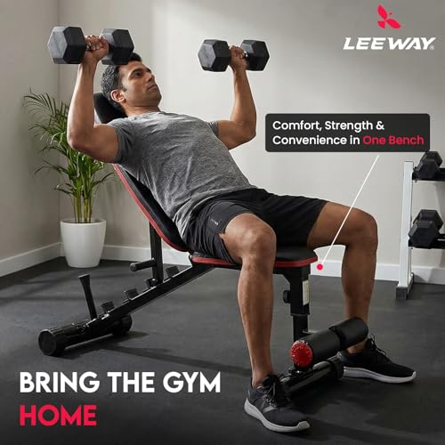 Image of Leeway LF80 Bench Press for Home Gym Setup | Adjustable Foldable Multipurpose Gym Bench for Home Workout | Incline Decline Flat | Leg Extension Table /Chair | 180 Kg