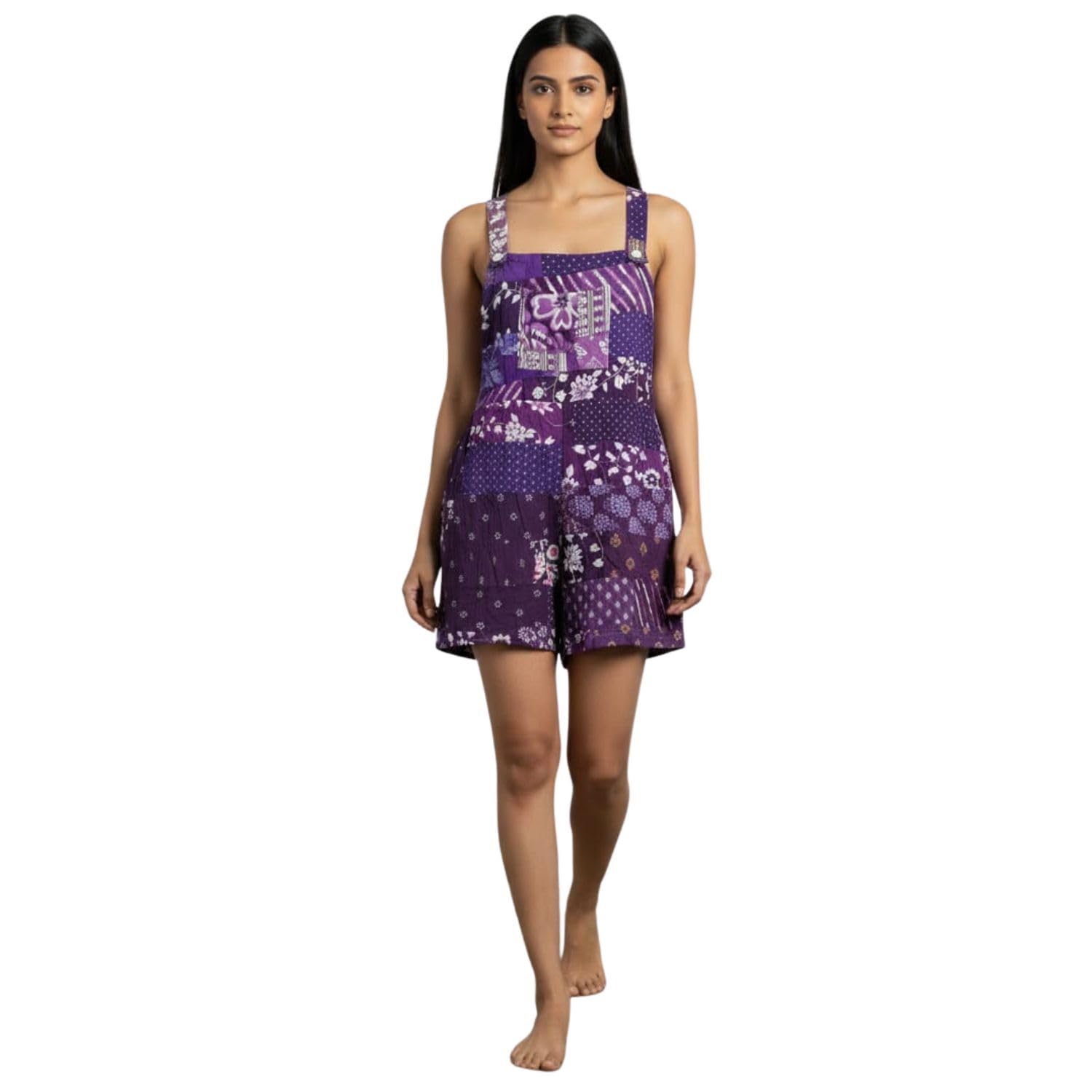 Women's Rayon Printed Dungaree Romper Sleeveless Square Neck Casual Summer Playsuit with Adjustable Shoulder Straps Purple-picture-39