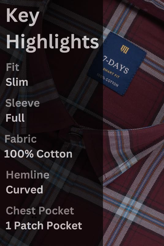 Image of 7-DAYS Men's Premium Check Shirt - 100% Cotton, Tailored Fit (Between Slim & Regular), Full Sleeve, with Pocket - Smart Office & Casual Look