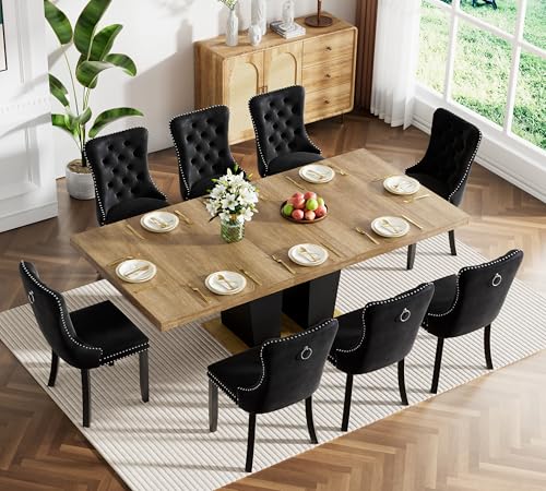 Image of Extendable Dining Room Table Set for 8, Farmhouse Kitchen Table Chairs Set for 8, 78.74 inch Expandable Dining Table with Black Velvet Chairs, 9 Piece Dining Table Set for Dinner Party Family Gathering