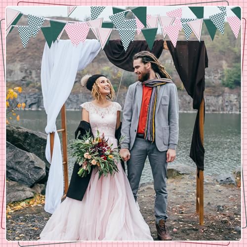 Image of VitalCozy 32ft Camp Bachelorette Decoration Pink Green Gingham Banner Summer Camping Triangle Bunting Banners Sage Plaid Pennant Flag for Wedding Picnic Bridal Birthday Baby Shower Party Decor
