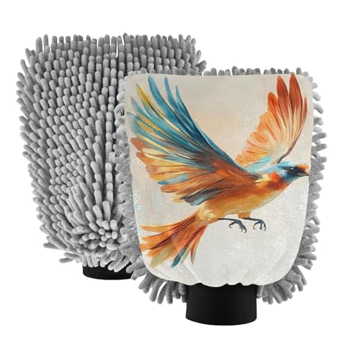 STAYTOP Beautiful Painted Bird Car Wash Mitt Microfiber, 2Pcs Scratch Free Lint-Free, Premium Chenille Microfiber Mitt Car Wash Brush-M