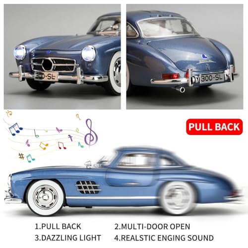 Image of 1:24 Scale MER-CEDES Ben-Z 300SL Die-Cast Metal Car with Sport car Openable Doors Light and Sound,Pull Back Function Indoor Outdoor Toy for Kids (Blue)