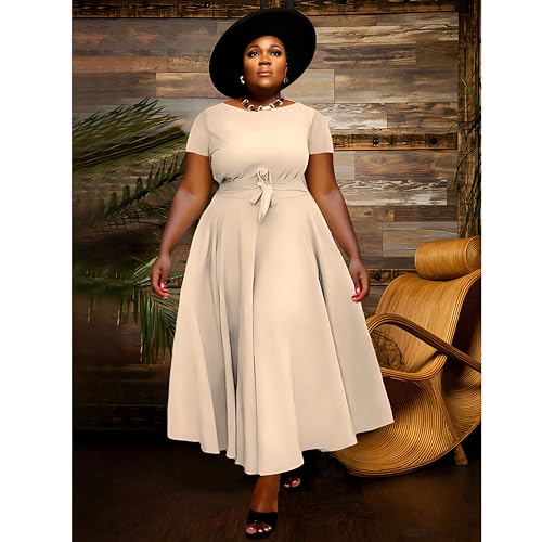 Image of BFFBABY Plus Size Dress A Line Dresses for Women Summer Long Dresses with Sleeve Casual Belted