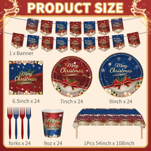 122 PCS Christmas Party Supplies Serve 24 Guests Merry Christmas Plates and Napkins Party Decorations Disposable Dinnerware Set Decor Red and Blue – Image 3