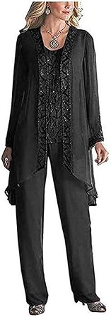 Womens 3 PC Chiffon Mothers Outfit Pants Suits for Wedding Plus Size Evening Gowns Dress Suit