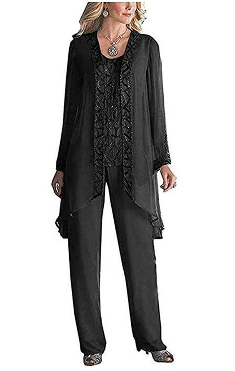 Women's 3 Pieces Chiffon Dress Mother of The Bride Pants Suits with Beaded Jacket Wedding Outfit Evening Gown Black UK16