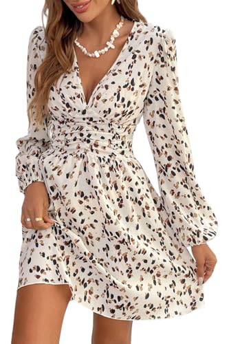 Vestido Elegante para Mujer Estampado Floral Ditsyg Estampado de Leopardo Corto de Manga Larga Cuello en V Diario Casual,Blanco lechoso,L
