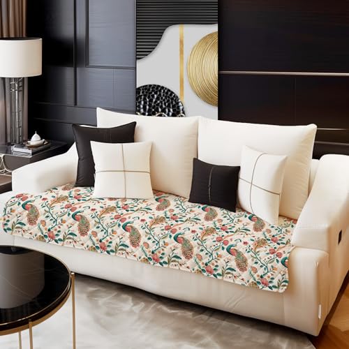 Image of Decorian Premium Soft Quilted Velvet Sofa Cover Mat, Sofa Seat Runner for Couch (Peacock, 5 (3+1+1) Seater), Multicolor