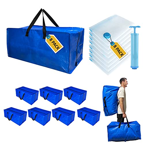 16 Pack Heavy Duty Extra Large Moving Bags with Backpack Straps & Large Vacuum Storage Bags Moving Supply Combo, Moving Totes with Handles & Zippers for Space Saving, Fold Flat, Includes Vacuum Bags by MattEasy - Used condition - US$29.42