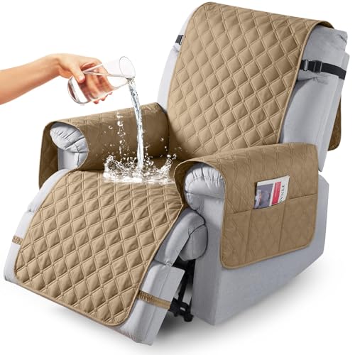 Image of TAOCOCO 100% Waterproof Recliner Covers with Leg Straps, Reversible Recliner Couch Cover for Reclining Chair, Washable Couch Protector for Pets Kids (1 Seater 22 inch, Camel)